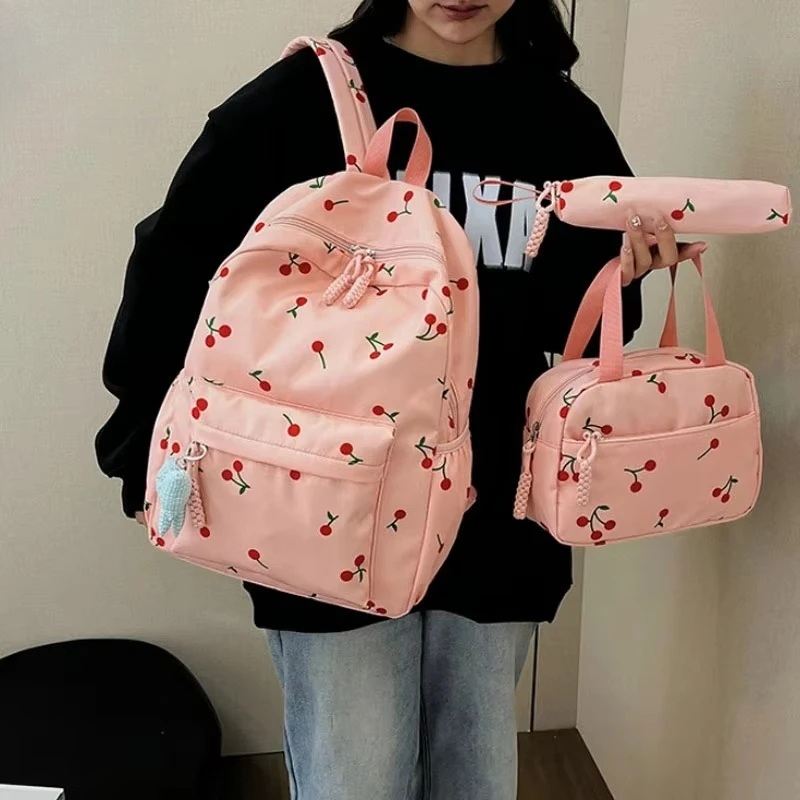 3 Pcs/Set Luxury Backpacks Large Capacity Cherry Backpack Fashion Nylon Schoolbag Lightweight Adjustable Strap Travel Backpack
