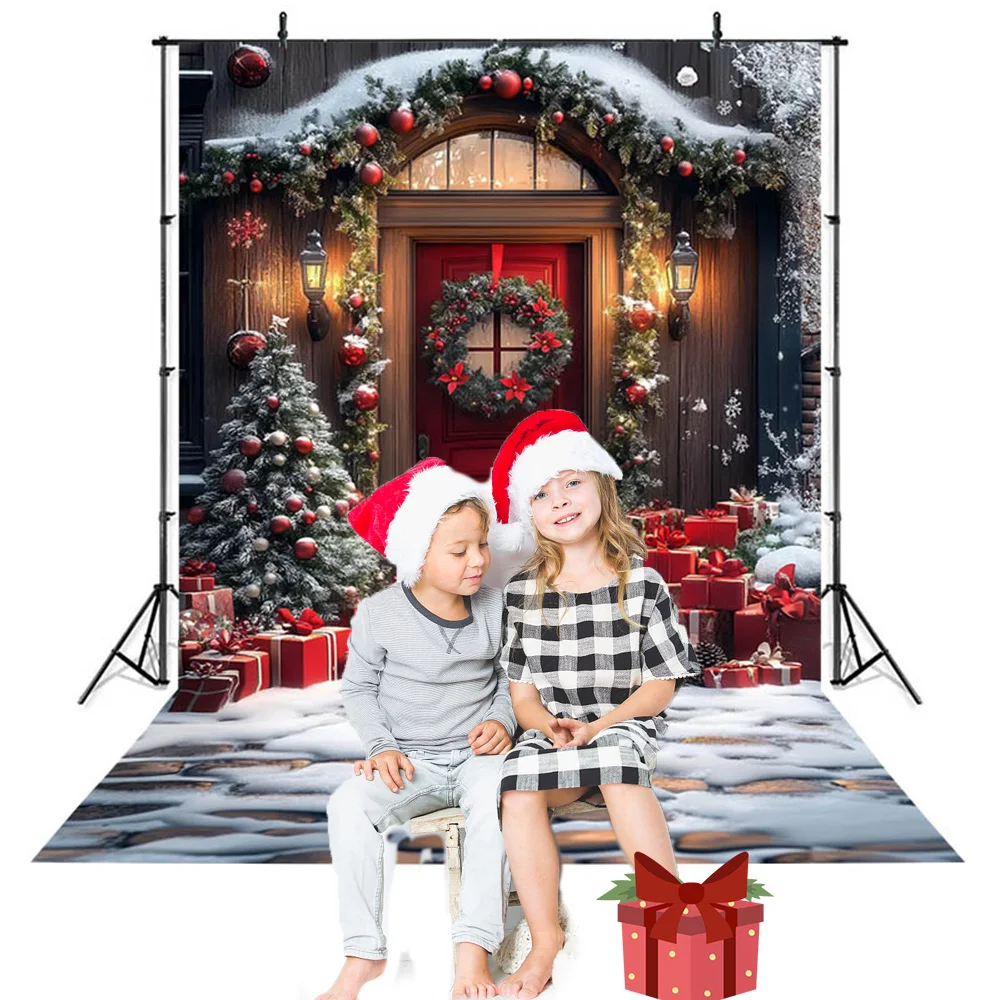 Christmas Photography Background Door Wreath Gifts Snow Christmas Tree Doorstep Decoration Supplies Kids Baby Photo Shoot Props