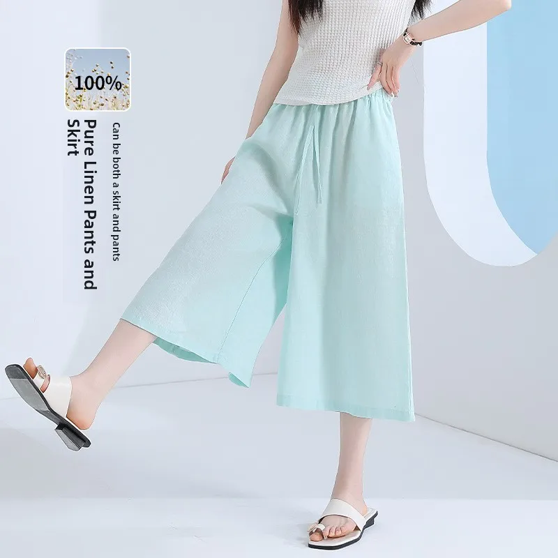 

100% льняные широкие брюки-юбка для женщин, летние, тонкие, новые, струящиеся, полуприлегающие, средней длины, повседневные