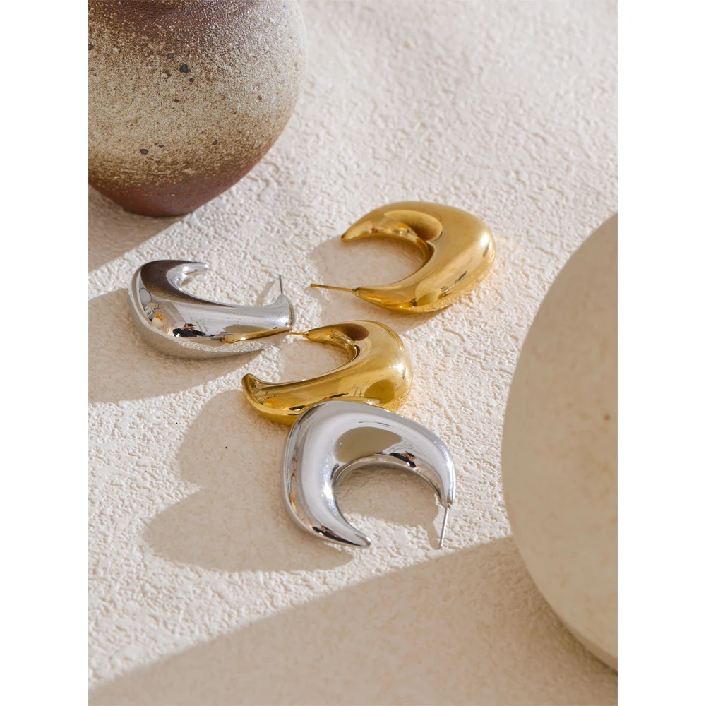 Yhpup 2025 New Minimalist Smooth Stainless Steel Metal Chunky C-Shape Huggie Earrings Hot Style Daily Attractive Jewelry Gift