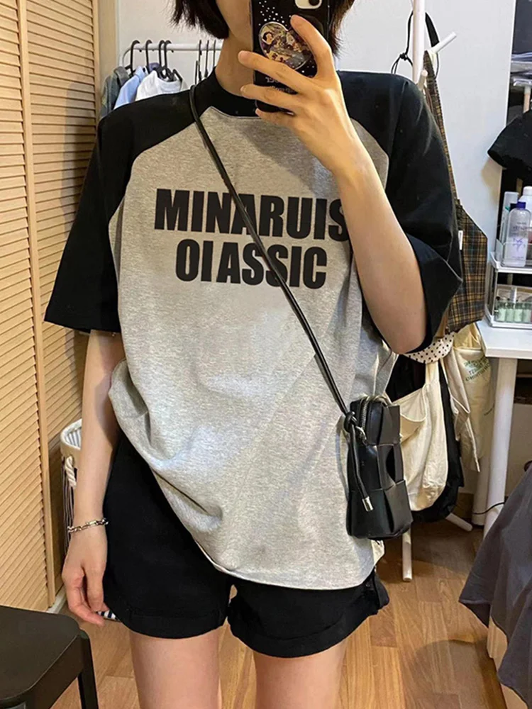 loose-short-sleeve-t-shirt-women's-summer-new-color-collision-shoulder-insert-design-letter-print-versatile-top-ins-style