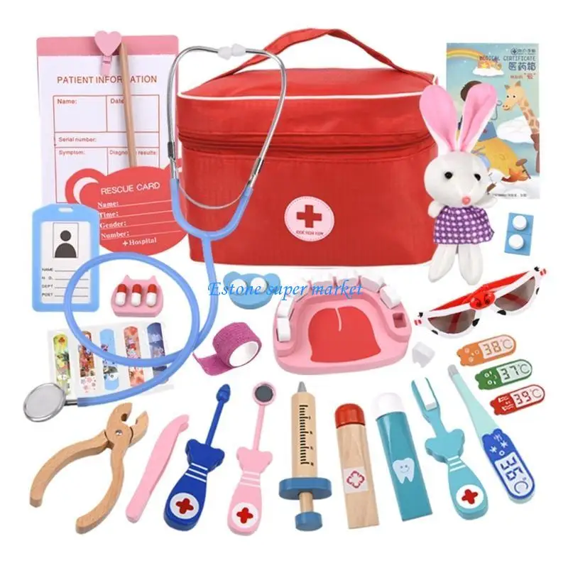 090B Simulation Doctor Toy for Play House Simulation Doctor Injection Toy Gift Children's Wooden Simulation Bag Box