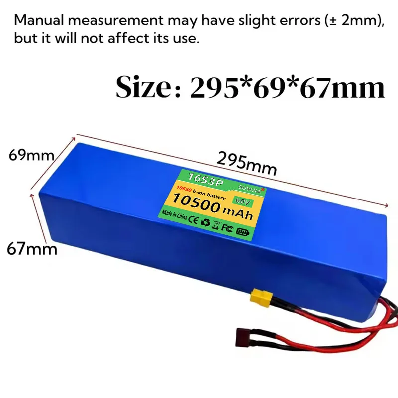 60V 10.5Ah 18650 0-2000W 16S3P Lithium Battery, Suitable for Scooters, Motorcycles, Tricycles, Bicycles, Large Capacity