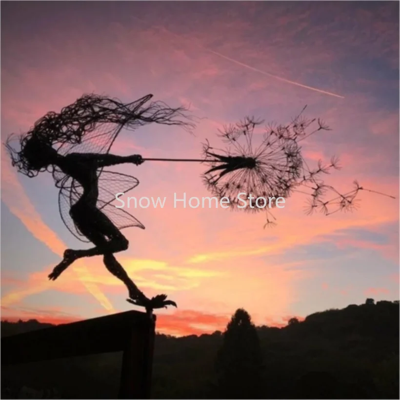 Garden Yard Dancing Fairy Statue Ornament Metal Steel Wires Miniature Pixies Figurine Dandelion Sculpture Lawn Landscape