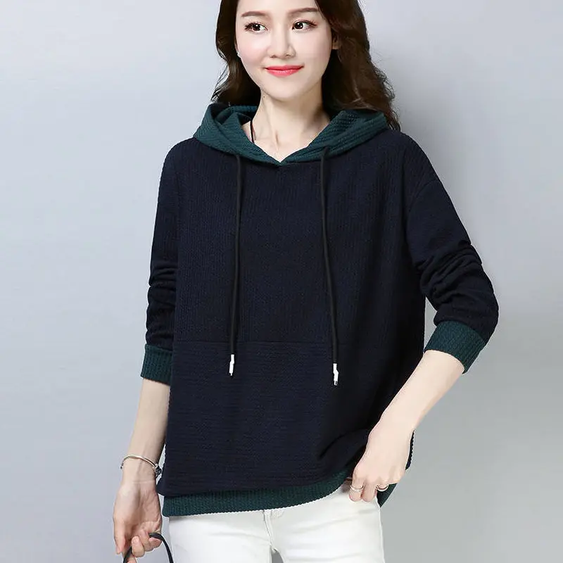 2023 Spring Autumn New Hooded Long Sleeve Drawstring Sweater Women Fashion Contrast Color Loose Casual All-match Pullovers