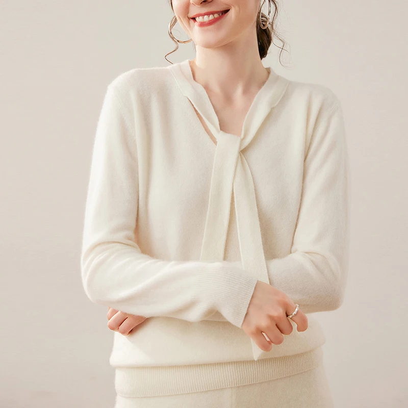 Sweter Kasmir Wanita Musim Gugur Dingin 2025, Kerah V, Tali Ikat, Rajutan Kasmir, Atasan Pullover, Polos, Baju Rajut Wol Wanita