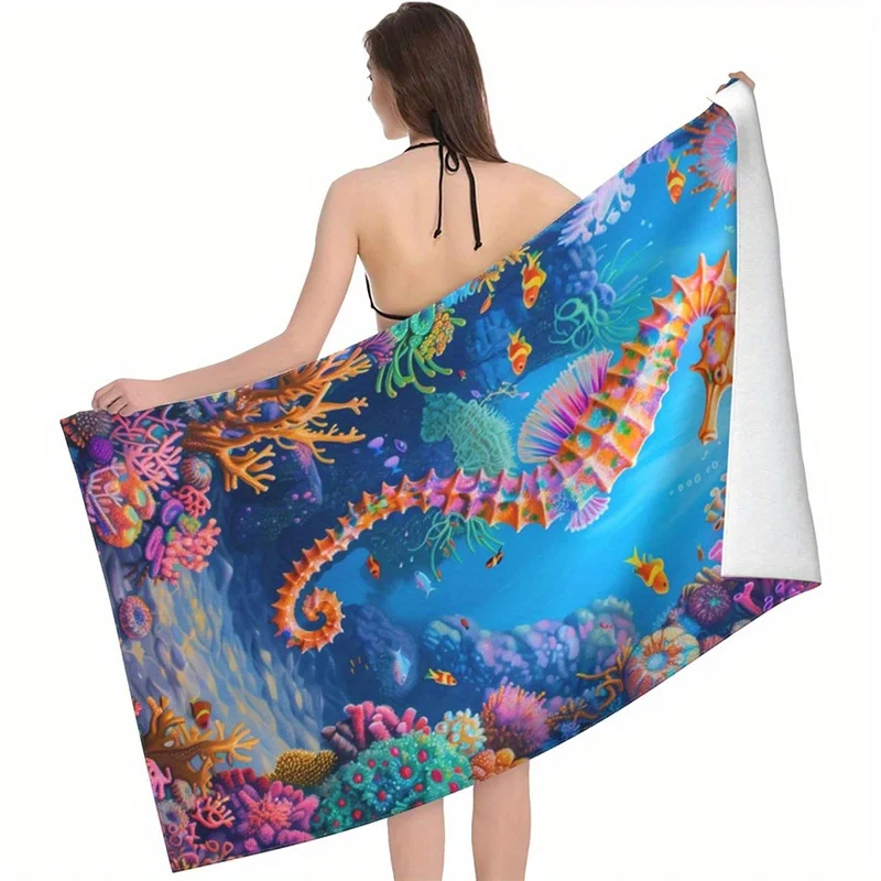 Beach Towel Underwater Seahorse and Coral Print Pattern Sun Protection Windproof Suitable for Pool Camping Travel Blanket