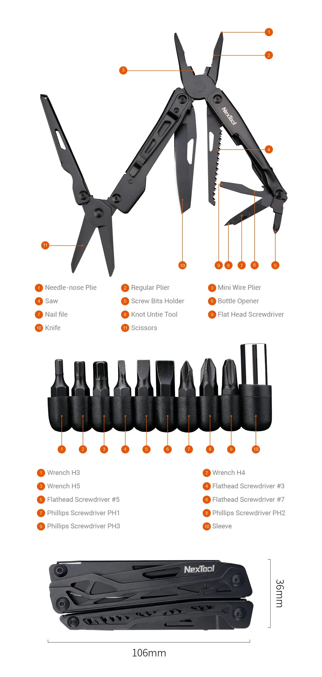 NexTool Black Knight 11 em 1 Alicate multiferramenta EDC Tesoura