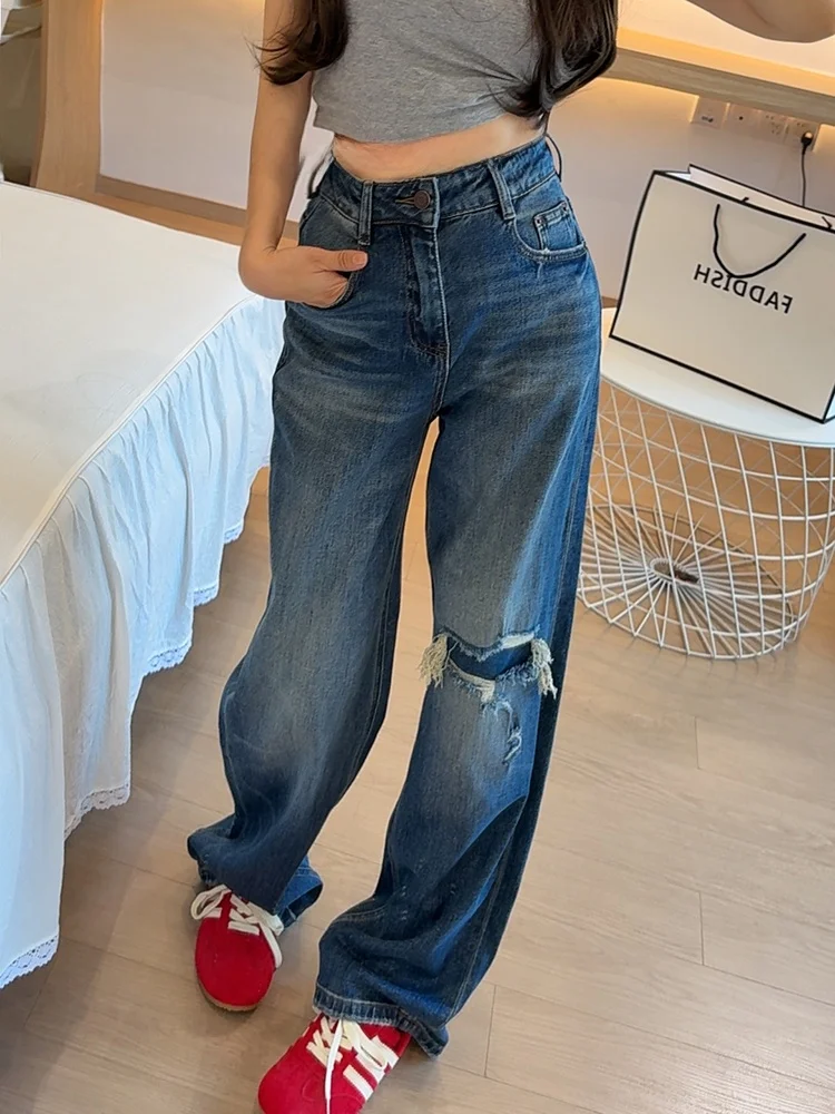 

Deep Blue Loose Wide Leg Denim Jeans Women's Fall Trendy High Waist Straight Cut Floor-Length Pants Casual Cotton Zipper