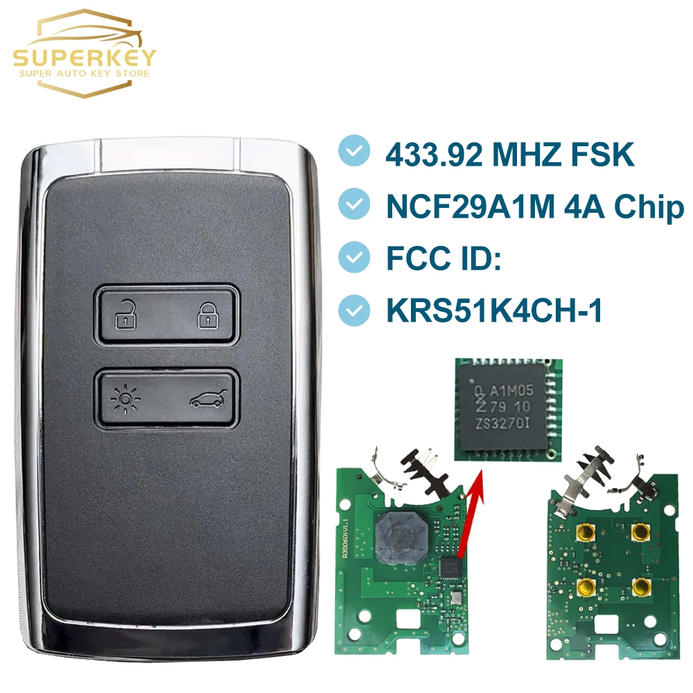 SUPERKEY KR5IK4CH-01 Keyless Smart Key 434Mhz NCF29A1M 4A Chip 2016 2017 2018 2019 For Renault Megane 4 Talisman Espace 5 Kadjar