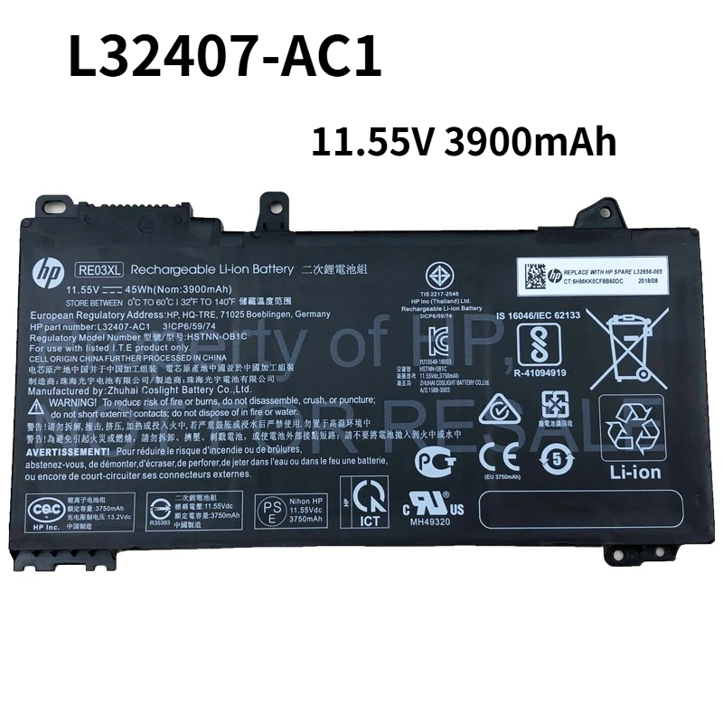 New Laptop Battery RE03XL L32407-541 L32407-AC1 11.55V 3750/3900mAh for HP ProBook 450 450 440 430 440 445 Li-Polymer