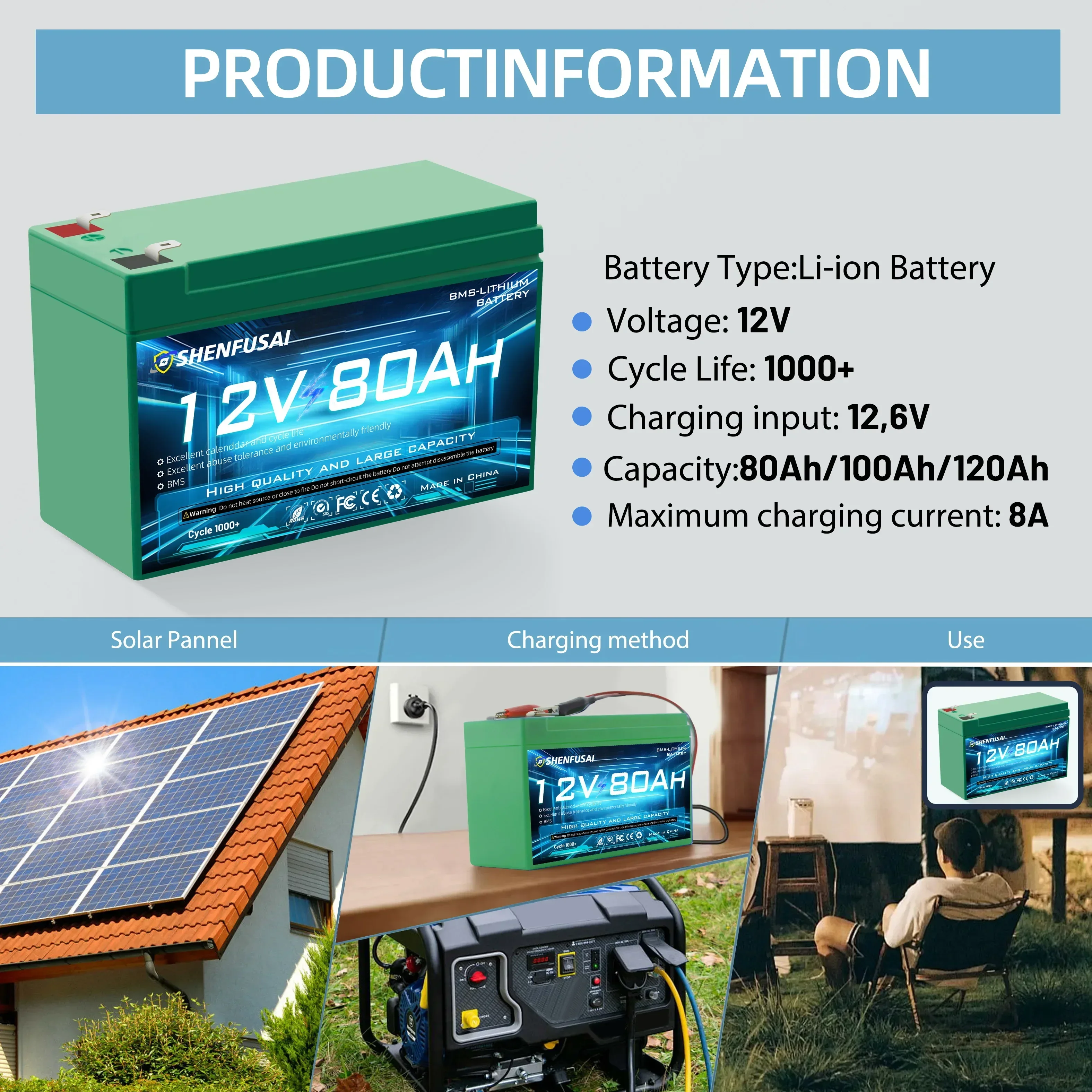 100% True Capacity 18650 Battery12V80Ah\\ 120AH Li Ion Upgraded Lithium BatteryPack Built-in BMS 30A High Current For solar cells