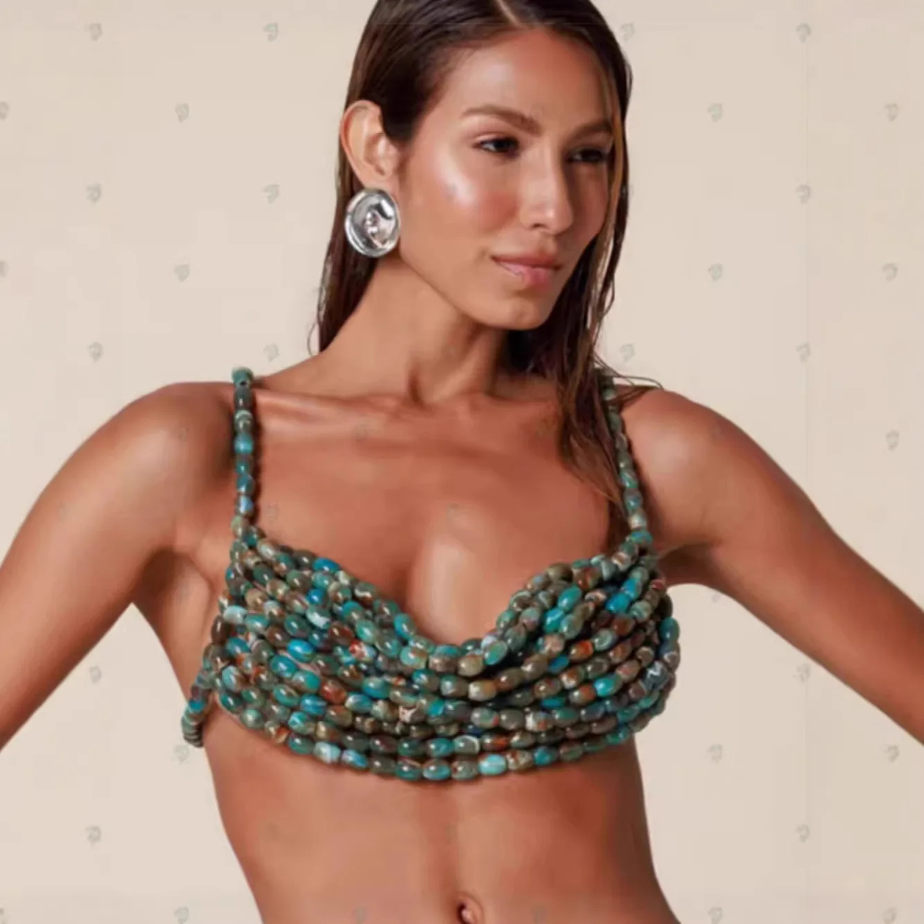 Vintage Turquoise Color Changing Stone Beaded Breast Jewelry Bikini Crop Top Bra Chain Luxury Design Beach Party Vetement Femme