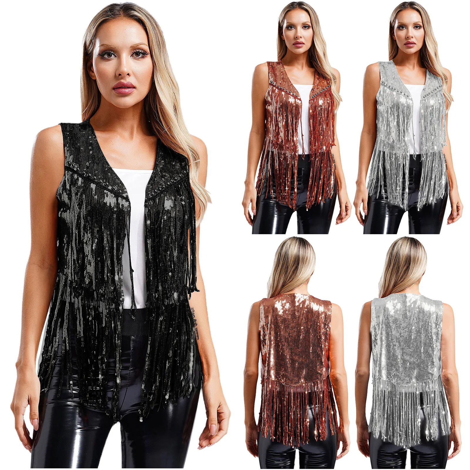 Womens Tassel Rivets Vest Stylish Sequin Cowgirl Waistcoat Bolero Open Front Sleeveless Vest Cardigan for 70s Disco Club Party