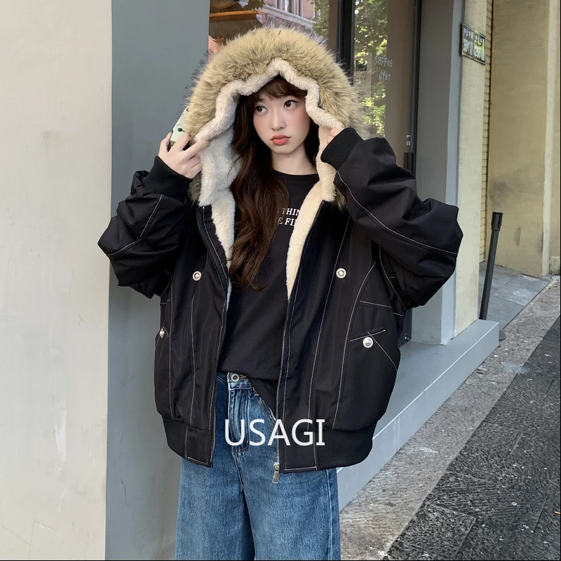 

Новые женские топы в американском стиле ретро, парки, пальто, зимние меховые воротники с капюшоном и длинными рукавами, свободные универсальные женские стеганые куртки, одежда