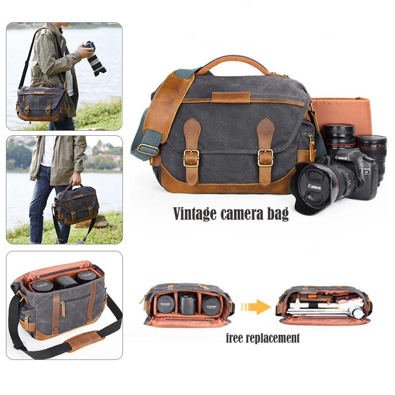 

Canvas DSLR Camera Messenger Bag Retro Satchel Shoulder Bag with Removable Camera Insert fit 1 Camera 2 lens