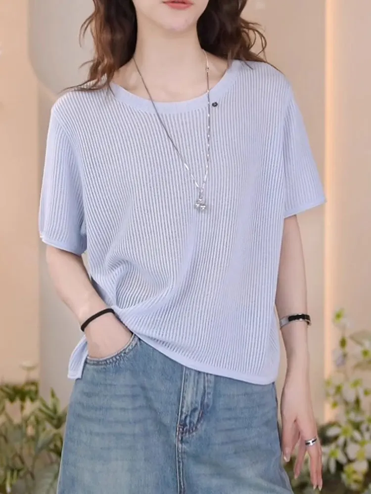

Lightweight Breathable ort Sve Knitted Ice Silk Top round Ne Comfortable Skin-Friendly Summer Design for Women