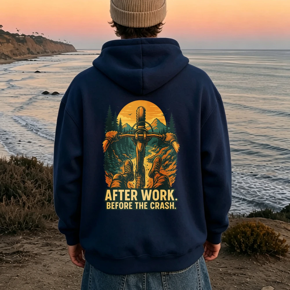 After Work Before The Crash MTB Mountain Bike Graphic Hoodie Vintage Sunset Forest Bicycle Rider Quote Sweatshirt Casual Tops