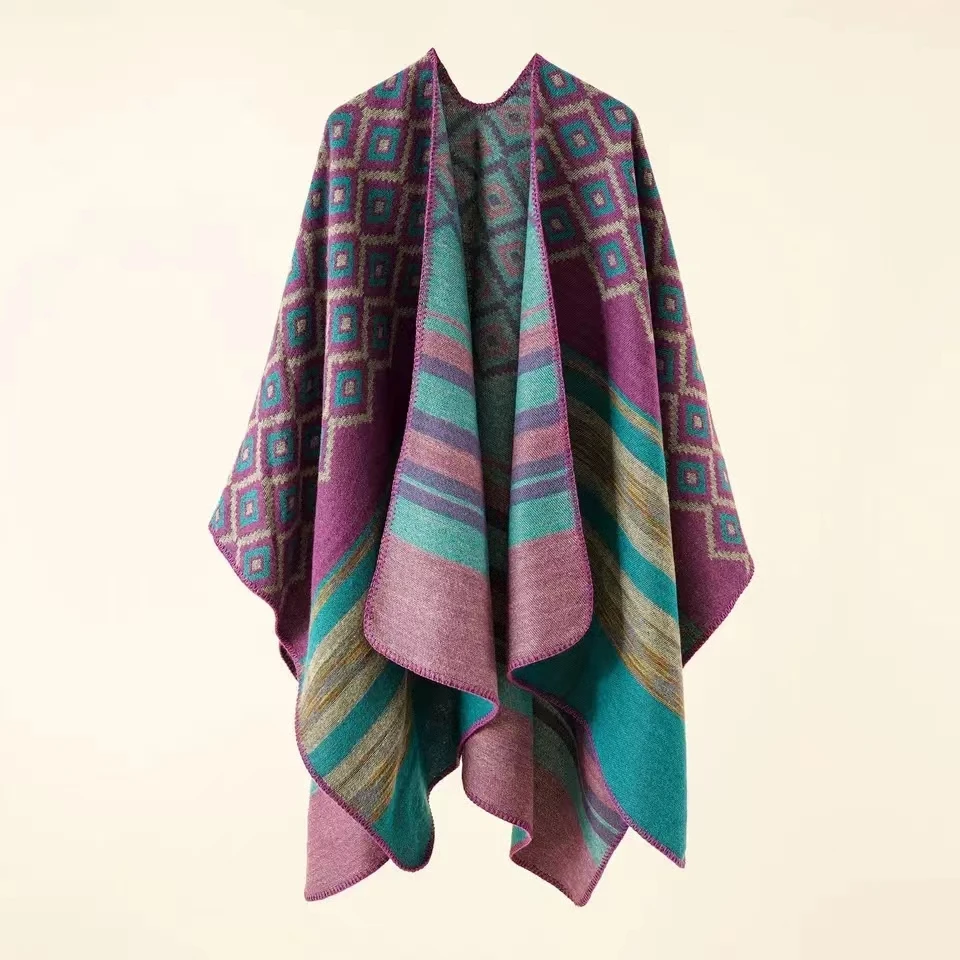 2024 Autumn Winter New Geometric Stripe Pattern Imitation Cashmere Warm Casual Women Shawl Poncho Capes Lady Coat Purple