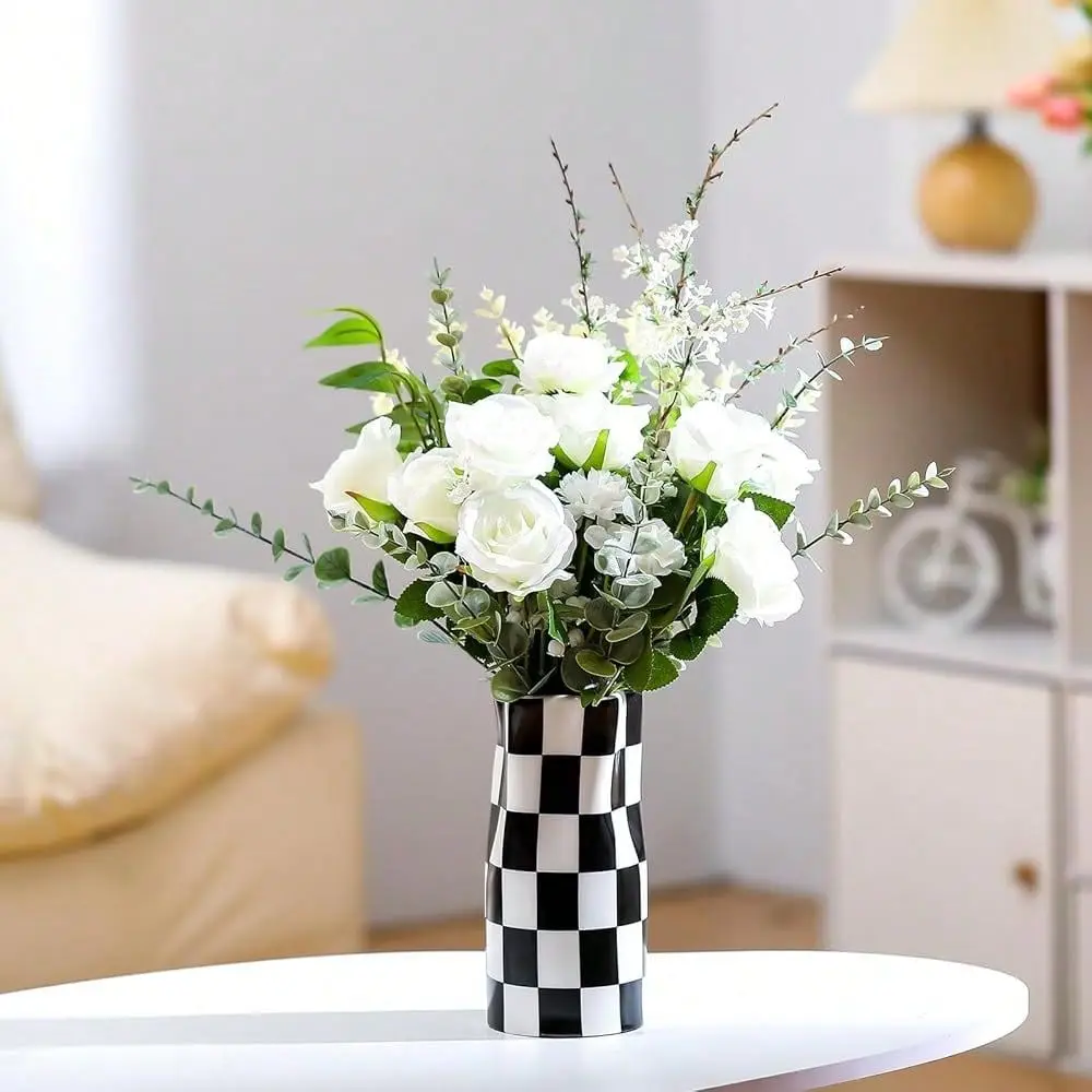 

And White Checkered Vase Small 8 Inch Height Modern Checkered Decor Ceramic Black And White Flower Shaped Decorative Vase For O