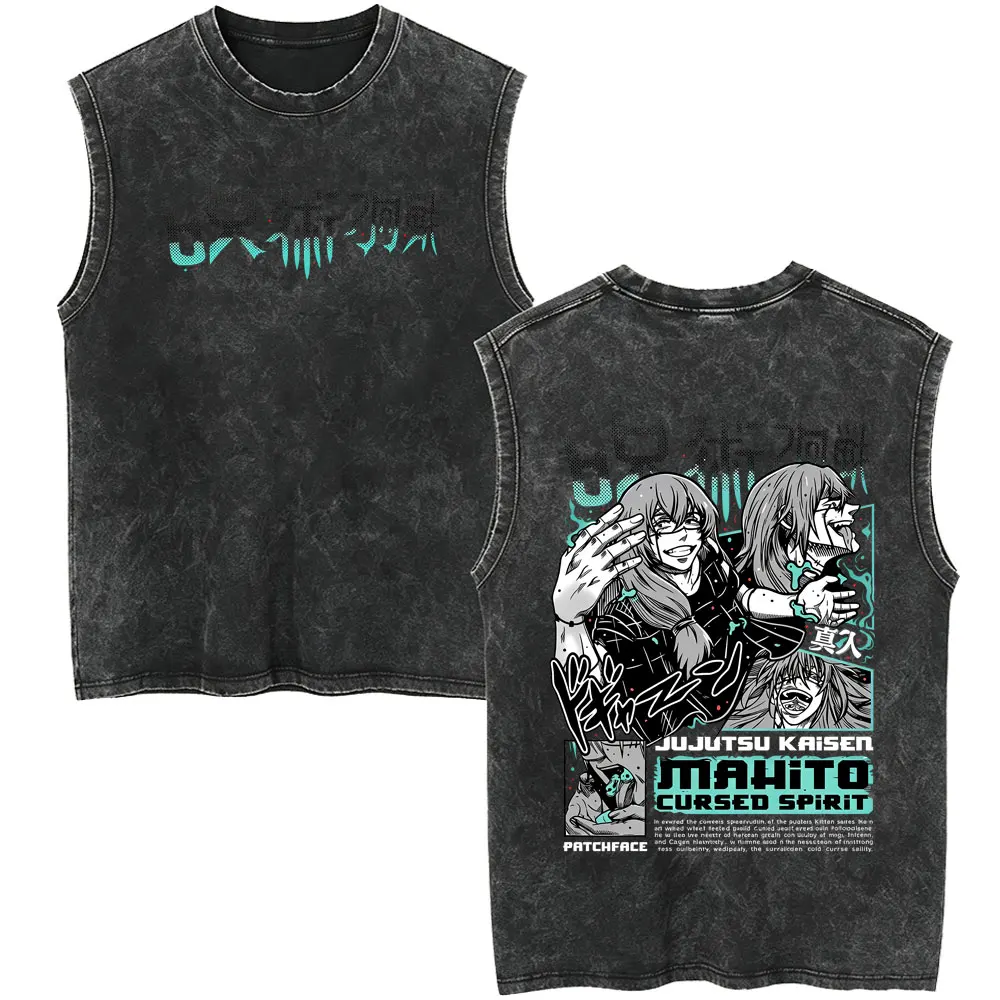 Anime Jujutsu Kaisen Mahito Vintage Washed Tank Tops Men Women Casual Oversized Sleeveless Vest Unisex Cartoon Manga T Shirts