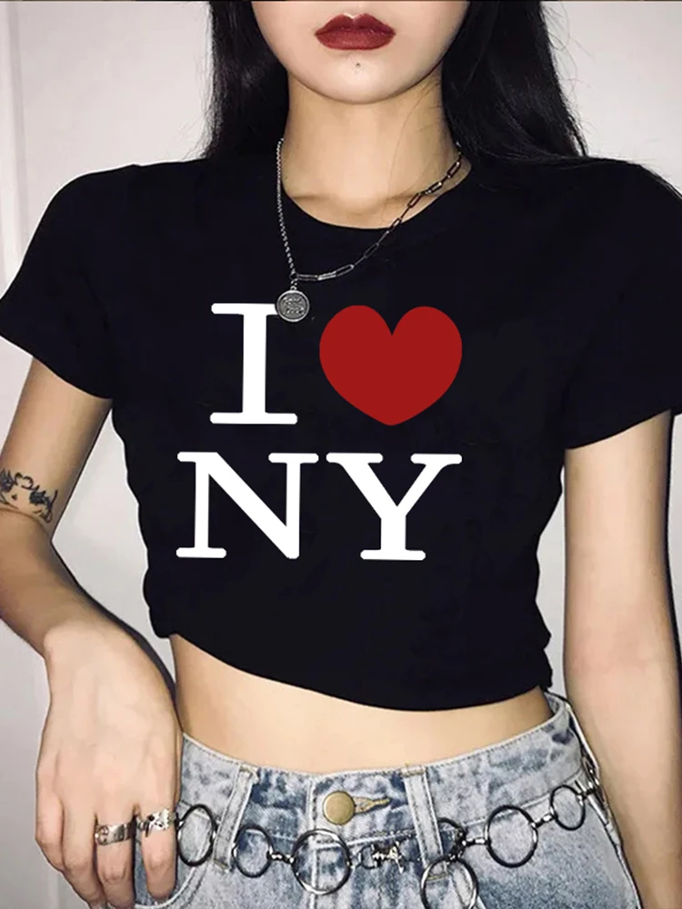 

Y2K Summer New Round Neck Short sleeved Letter Printed Open Navel European and American Women's Top T-shirt