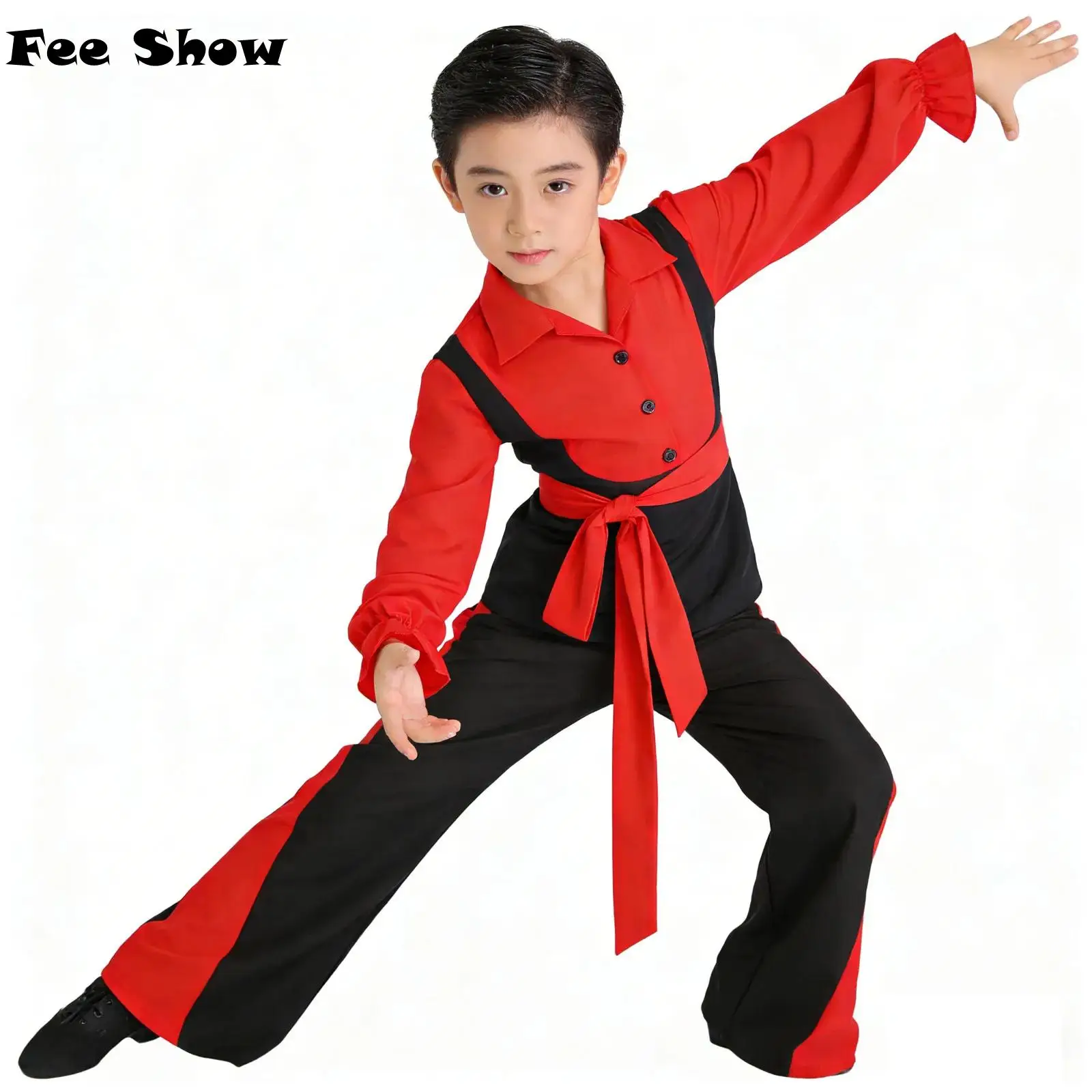 

Kids Boys Hip Hop Flamenco Dance Outfit Long Sleeve Shirt Tops with Pants And Belt Children Street Dance Performance Costume