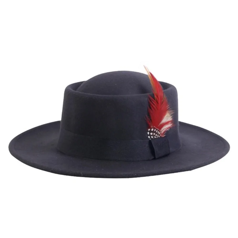 Retro Feather Felt Hat Convex Top Small Flat Top Jazz Hats Church Hats Large Brim Panama Party Decorate Gentleman Church Cap