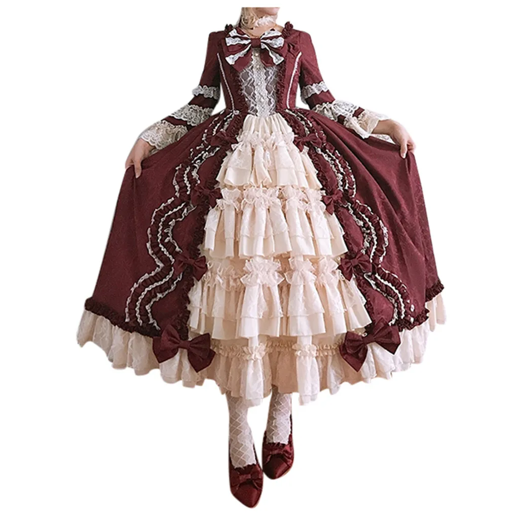 Stylish Plus Size Dress Women Vintage Square Collar Patchwork Bow Dress Carnival Middle Ages Gothic Court Victoria Dresses