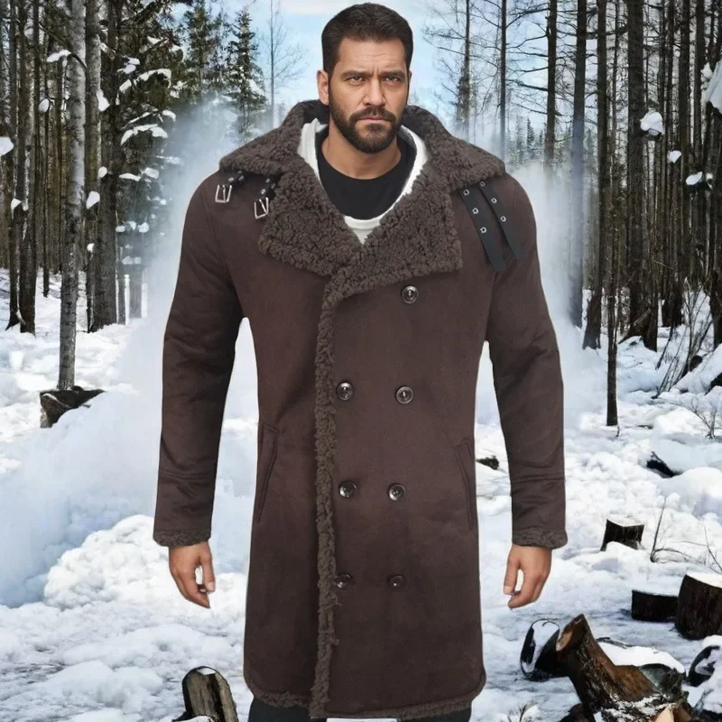 2024 New European and American Men's Winter Cold-proof and Freeze-resistant Fur-in-one Thickened Long Woolen Overcoat.