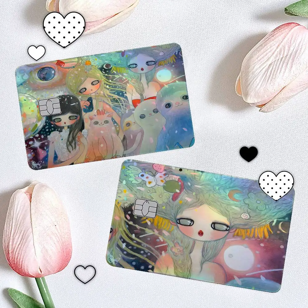 Aya Takano Girl 4Pcs/Set Holographic Laser Credit Card Stickers Iridescent Waterproo Fits All Standard Bank Cards