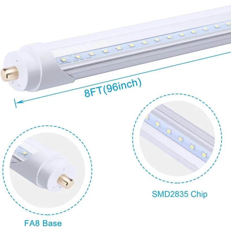 หลอดไฟ LED แบบหลอดยาว 8 ฟุต 96 นิ้ว, 5000K (สีขาวสว่างพิเศษ), ฝาครอบใส พร้อมขั้วต่อแบบขาเดียว FA8, T8 85V-265V AC 45W - 4800