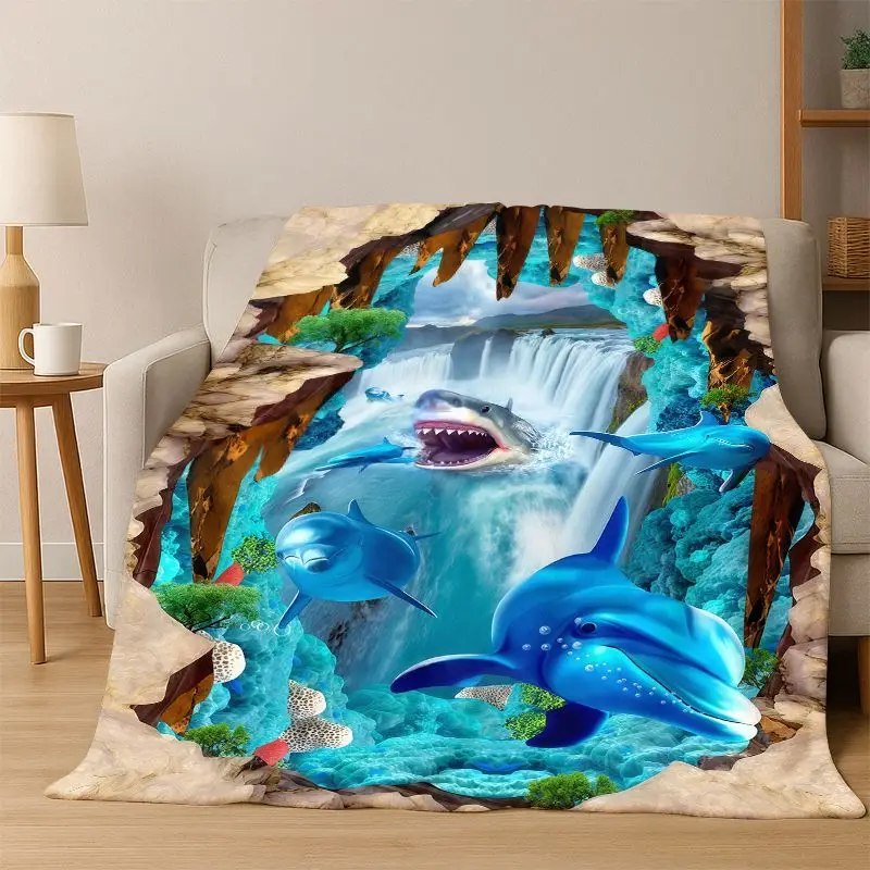 3D Illusion Underwater World Marine Life Shark Dolphin Cartoon Flannel Blanket Throw Blanket for Bedroom Living Room Bed Travel
