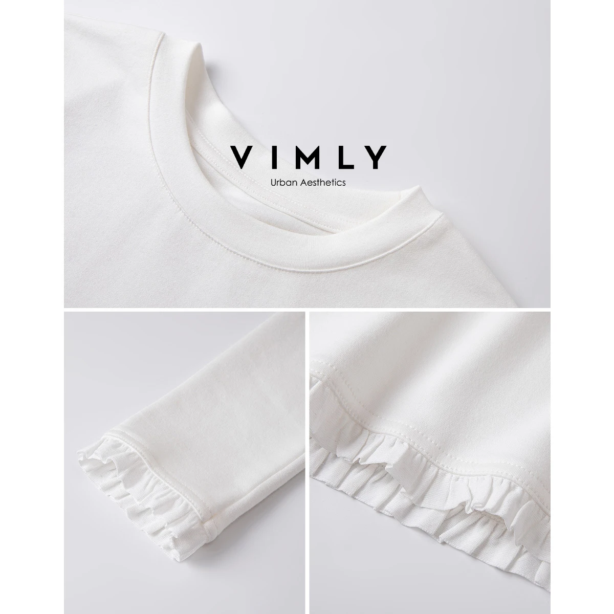 VIMLY Women's Long Sleeve T-shirts Casual Ruffle Splicing Hem Crew Neck Tops Autumn 2025 Knitted Female Tees Ladies Tops A2365