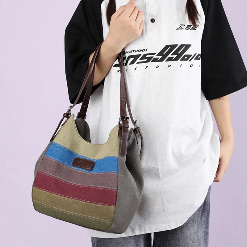 Large Capacity Tote Bag Women\'s Casual All Kinds Of Striped Color Contrast Shoulder Bag Multi-Space Canvas Hand Bag Women