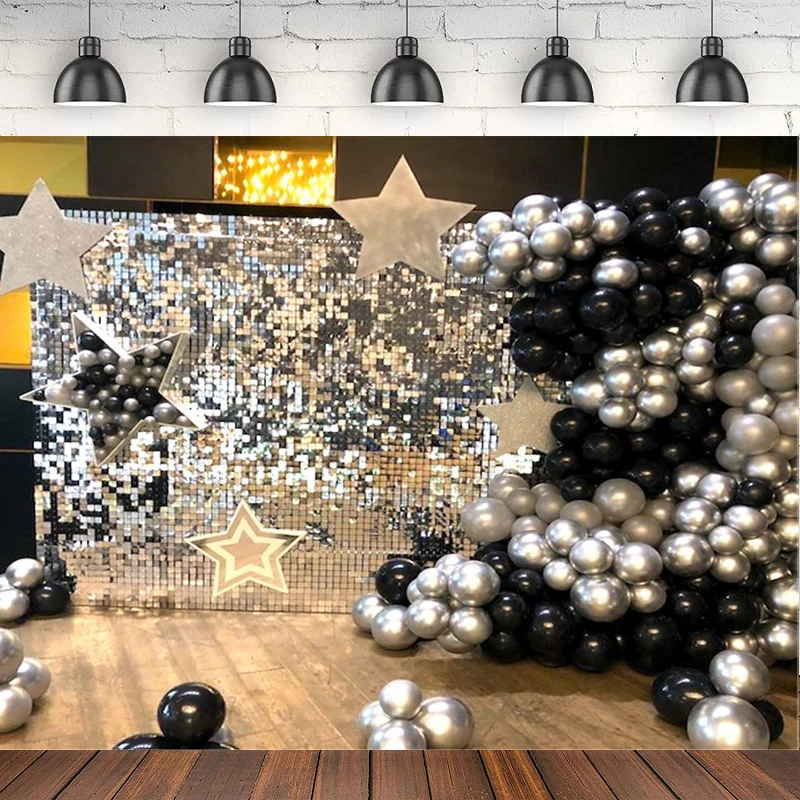 Fotografie Hintergrund Glitter Punkte Bokeh Ballon Sterne Banner Hochzeit Party Decor Erwachsene Geburtstag Poster Hintergrund Foto Studio