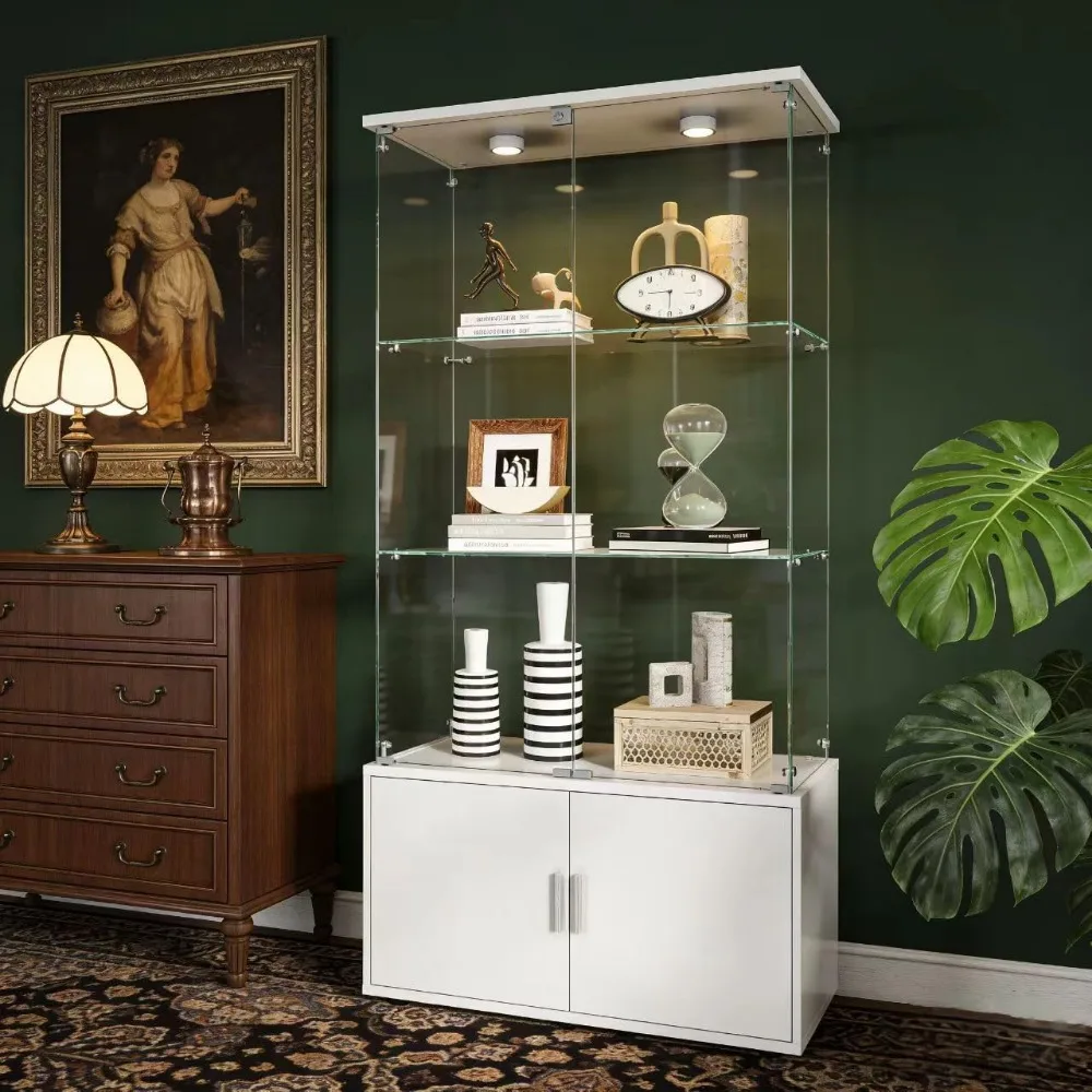 Four Tier Glass Door Display Cabinet with LED Light Three Shelves Two Drawers Living Room Dining White