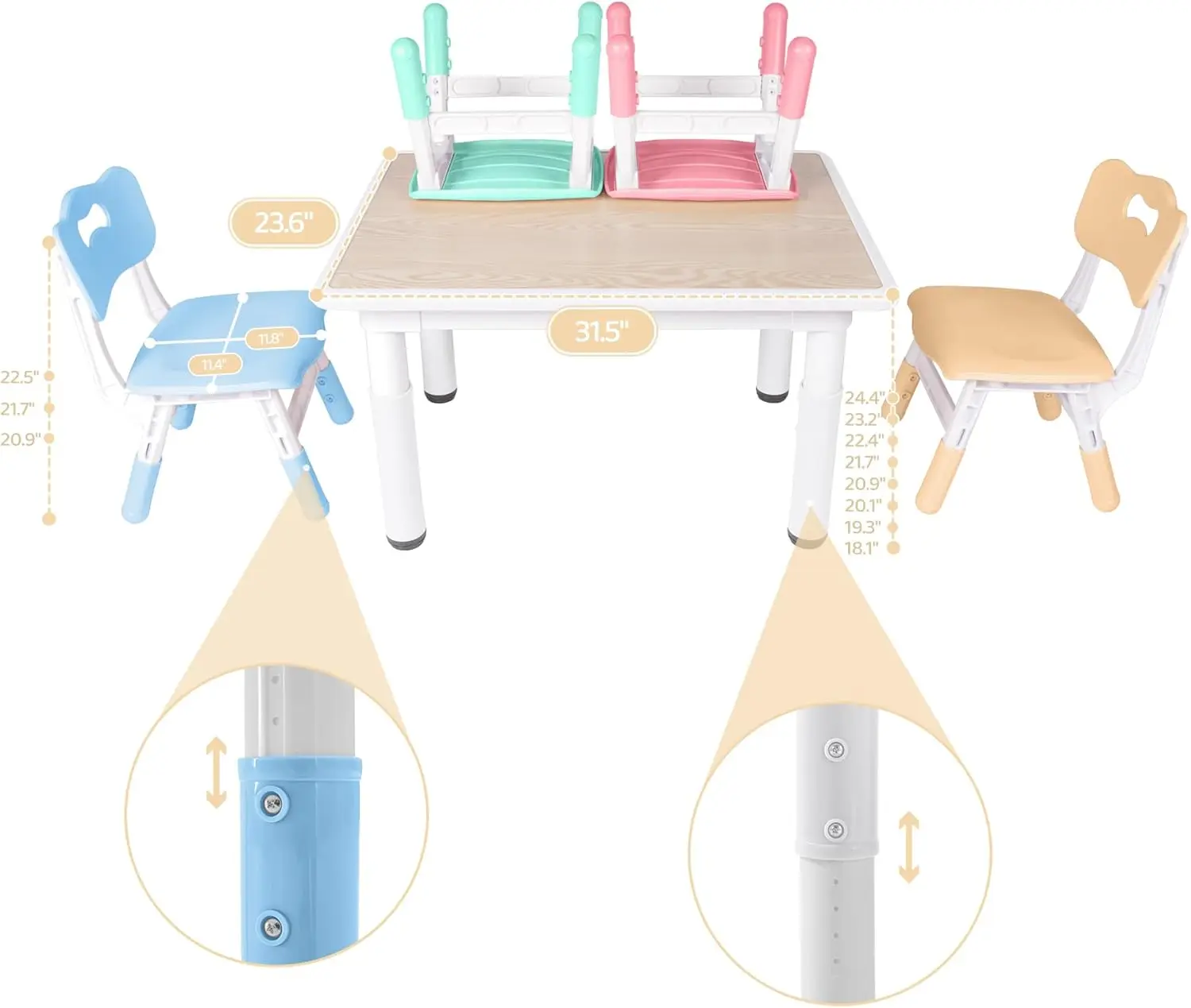 Height-Adjustable Kids Table & 4 Chairs with Graffiti Desk, 31.5'L x 23.6'W for Daycare, Classroom, Home
