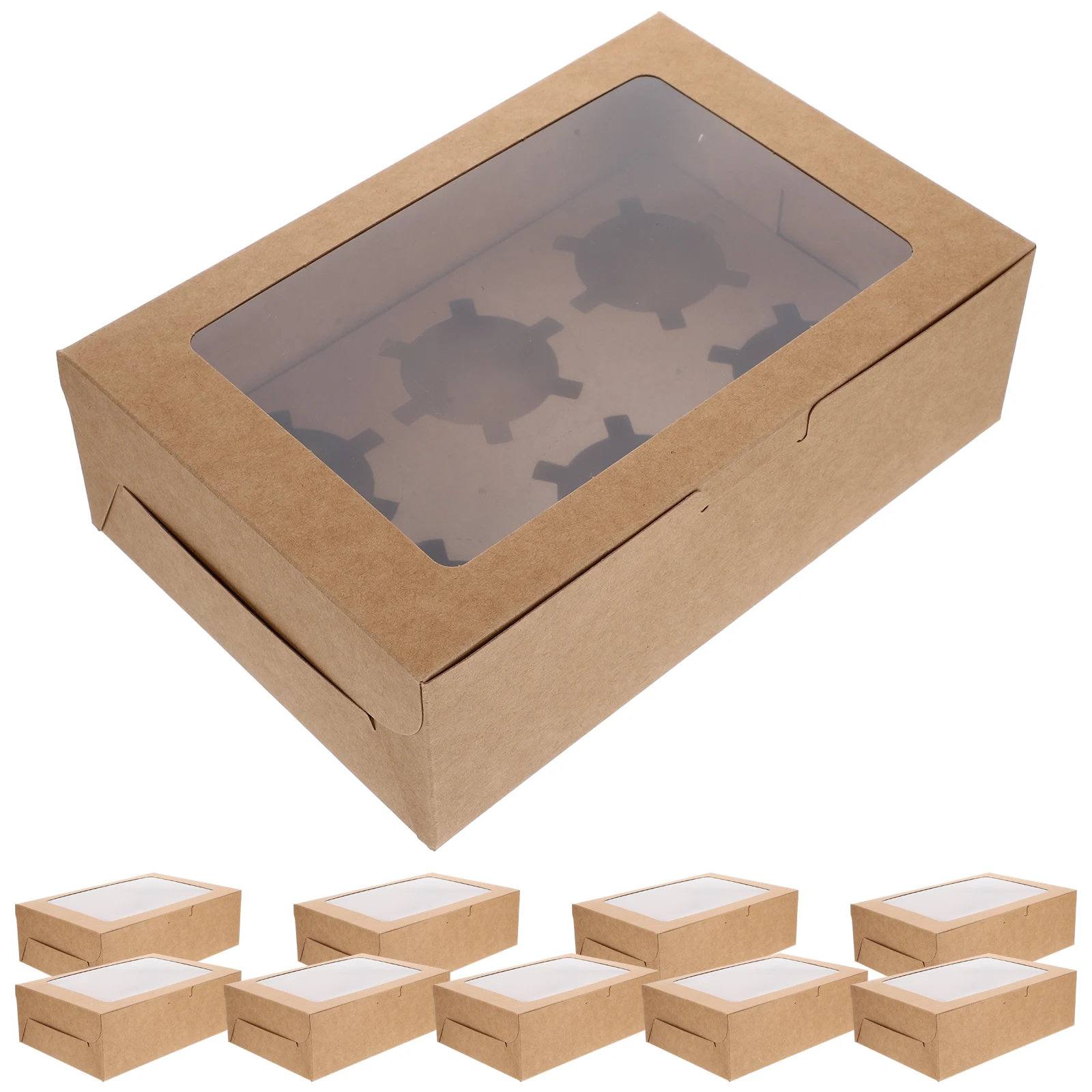 

10Pcs 350g Kraft Paper Bakery Boxes Transparent Window Cupcake Containers 6Hole Egg Tart Pastry Cake Shop Decor Packaging