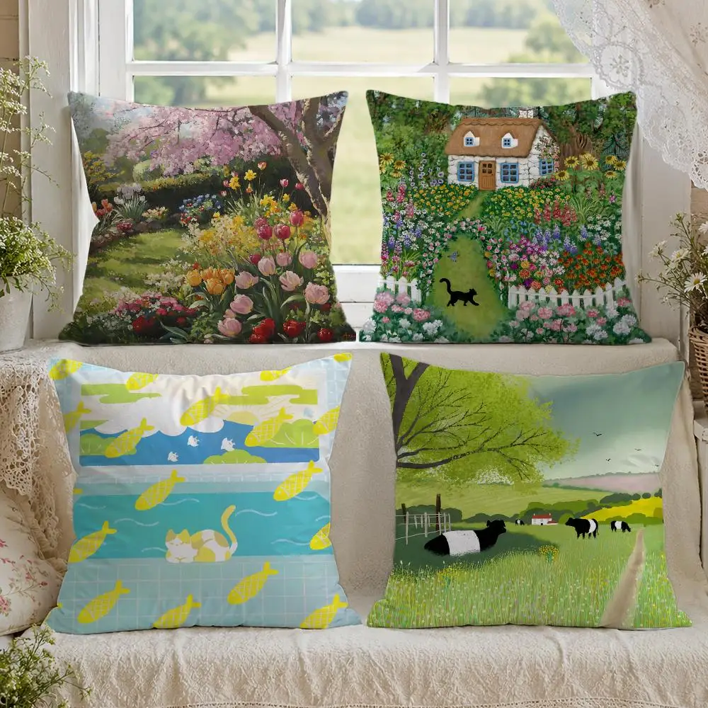 Springtime Natural Countryside Farm Cushion Cover 1/4PCS Linen Sofa Couch Bedroom Living Room Home Office Decor Pillow Case