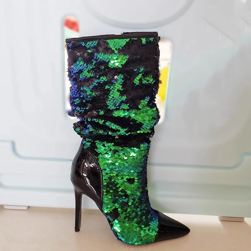Bling Bling Sequins Patchwork Pointed Toe Middle Boots Woman Back Patent Leather Stiletto Heel Zipper Side Short Booties Shoes