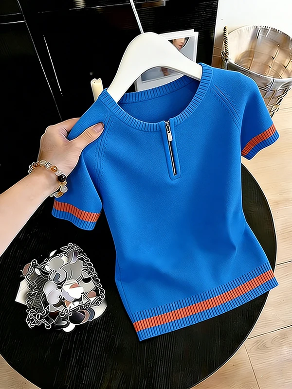 plus Size Women's Short Sleeve Knitted T-Shirt Fashionable Versatile Slimming Top Korean Style Casual Wear Summer New Arrival