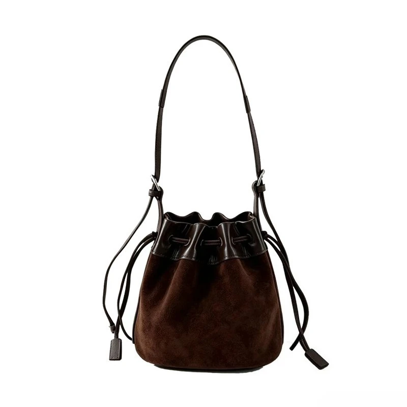 Vintage Elegant Everyday Casual Bucket Bag for Women Suede Genuine Leather Drawstring Crossbody Adjustable Strap Luxury