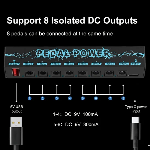 Imagen 2 del producto Fuente de alimentación para pedal de guitarra 9V 8 salidas aisladas | Entrada tipo C/USB, suministro de seguridad de cortocircuito para pedal de efectos