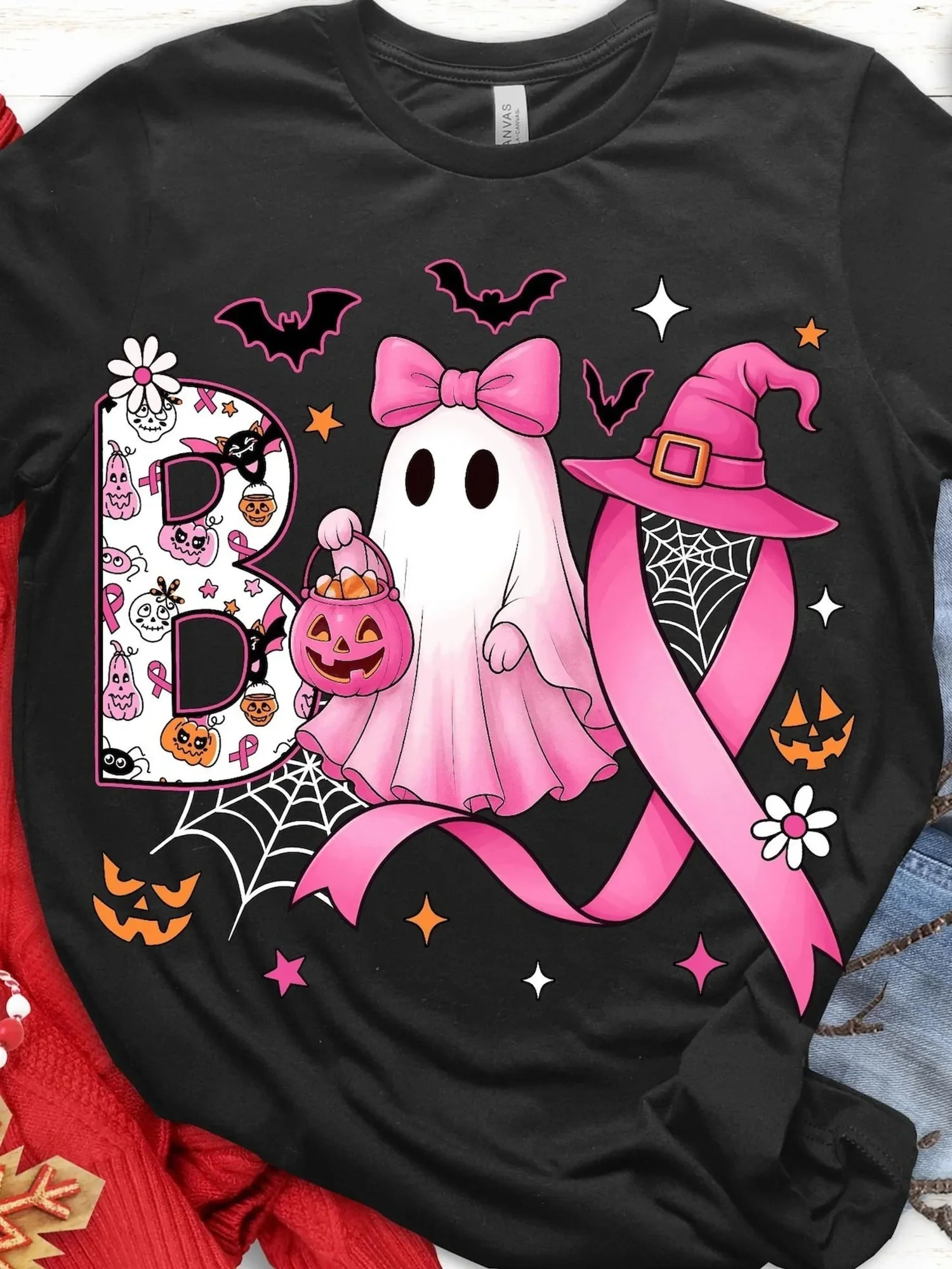 Halloween Pink Ribbon Breast Cancer Awareness T-Shirt, Cute Ghost, Witch Hat, Pumpkin, And Bat Pattern Print, Short-Sleeve Round-Neck Casual Top