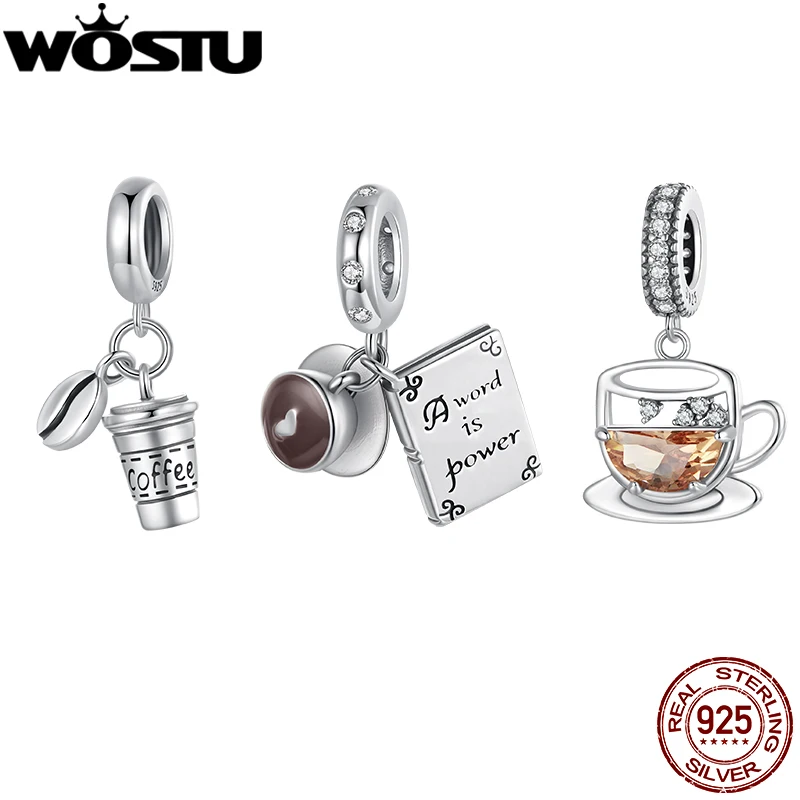 WOSTU 925 Sterling Silver Coffer Cup & Book & Charm Pendant coffee bean Bead Fit DIY Bracelet Necklace Gift For Lover Mom's Gift