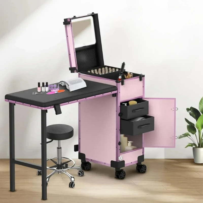 L #   Mesa dobrável portátil para melhorar as unhas, com 2 gavetas, espelho e esmalte, caixa de trem cosmético com fechadura e