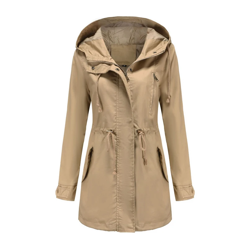 Autumn Women Hooded Windbreaker Trench Coats Fashion Women Mid-Long Cotton Business Jackets Lady Drawstring Waist Jacket