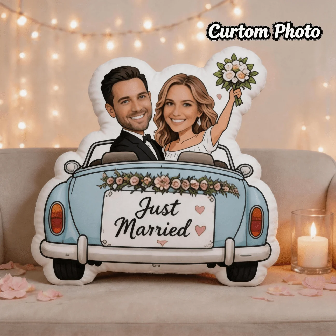 Custom Personalized Photo Couple Pillow, Wedding Just Married Car Shaped Decorative Cushion with Double-Sided Printing, 60cm Acc