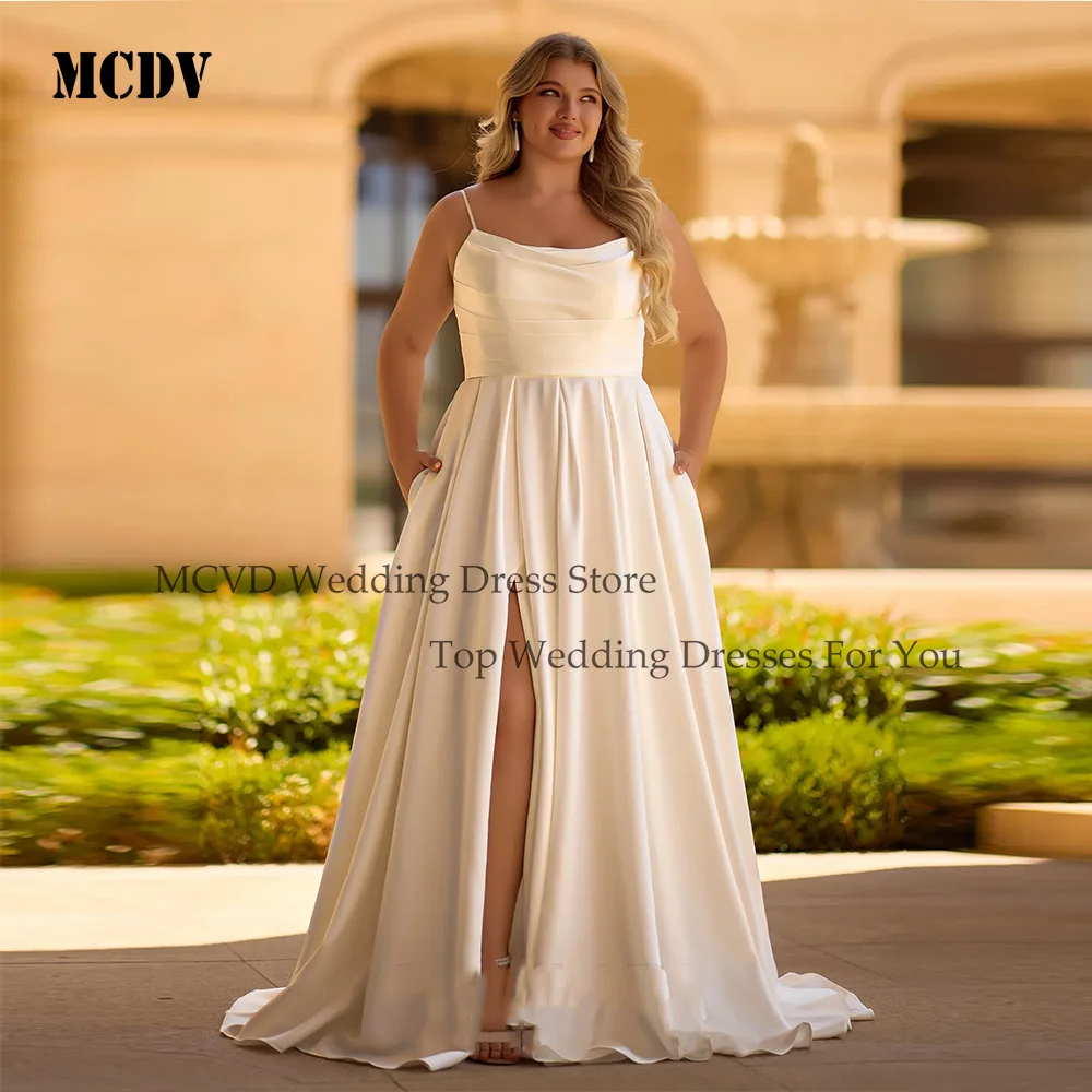 

MCDV Long Oversize Wedding Dresses 2026 Satin Spaghetti Straps Split A-Line Simple Bride Gowns Customized robe de mariée